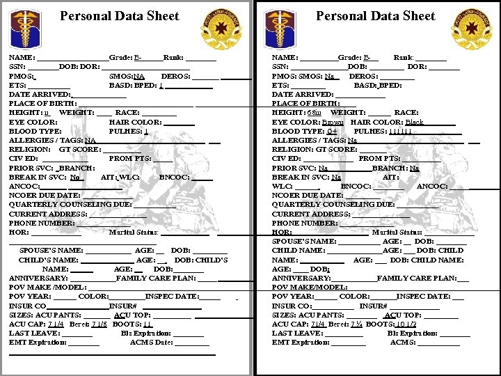 Personal Data Sheet NAME: ____ Grade: ERank: ____ SSN: DOB: DOR: _____ PMOS: SMOS: