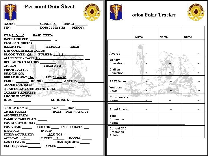 Personal Data Sheet otion Point Tracker NAME: ________GRADE: E- RANK: ____ SSN: ________ DOB: