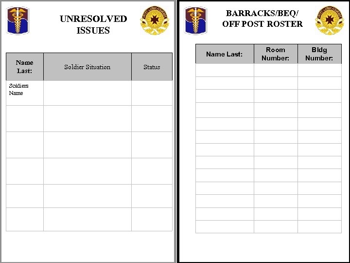 BARRACKS/BEQ/ OFF POST ROSTER UNRESOLVED ISSUES Name Last: Soldiers Name Soldier Situation Status Room