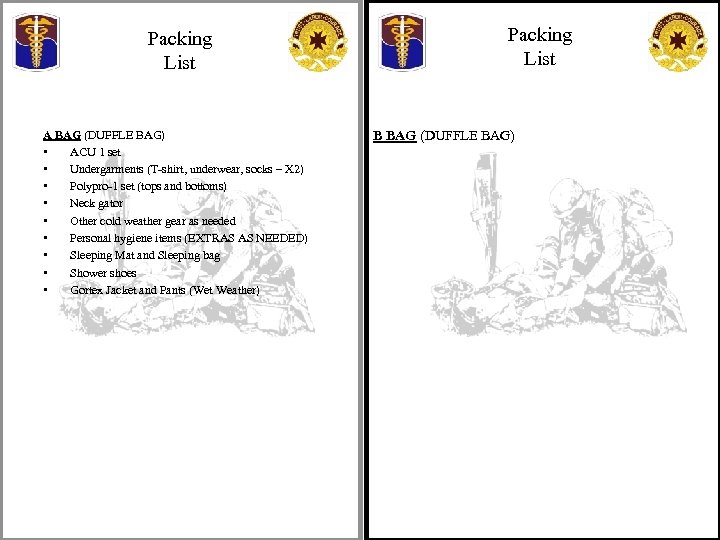 Packing List A BAG (DUFFLE BAG) • ACU 1 set • Undergarments (T-shirt, underwear,