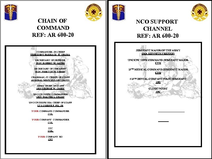 CHAIN OF COMMAND REF: AR 600 -20 NCO SUPPORT CHANNEL REF: AR 600 -20