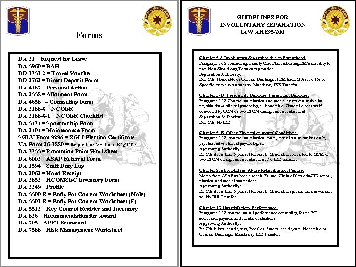 Forms DA 31 = Request for Leave DA 5960 = BAH DD 1351 -2