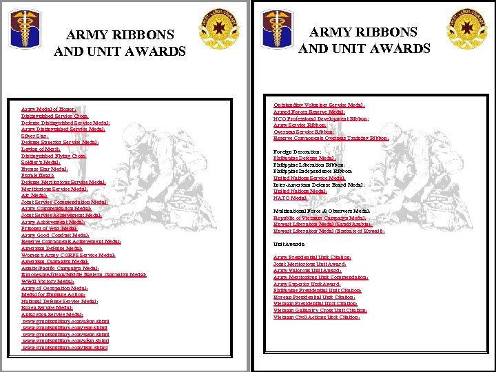 ARMY RIBBONS AND UNIT AWARDS Army Medal of Honor: Distinguished Service Cross: Defense Distinguished