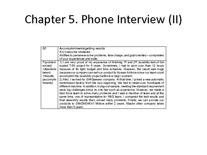 Chapter 5. Phone Interview (II) Q 1 P(problem solved) +A(actions taken) +Results (accomplis hments)
