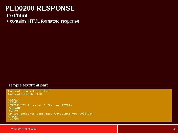 PLD 0200 RESPONSE text/html § contains HTML formatted response sample text/html part Content-type: text/html