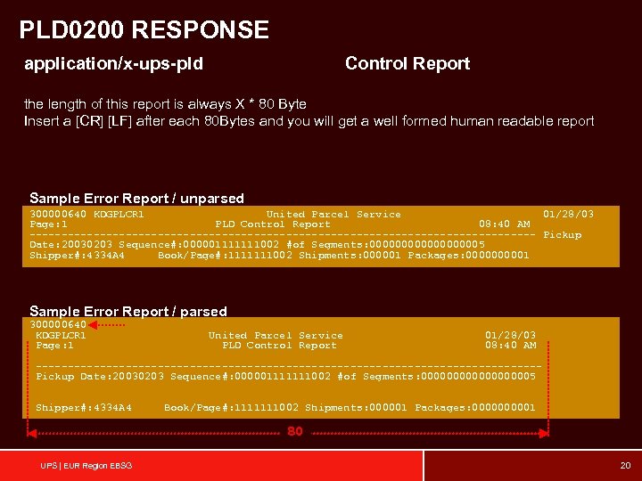 PLD 0200 RESPONSE application/x-ups-pld Control Report the length of this report is always X