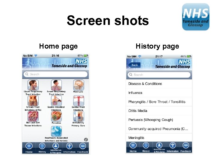 Screen shots Home page History page 