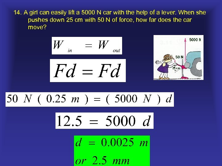 14. A girl can easily lift a 5000 N car with the help of