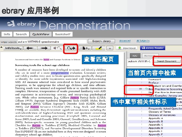 ebrary 应用举例 查看匹配页 当前页内容中检索 书中章节相关性标示 