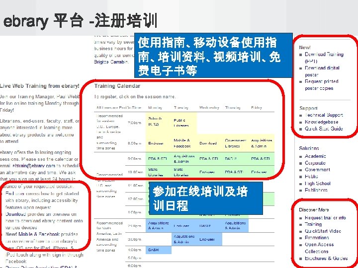 ebrary 平台 -注册培训 使用指南、移动设备使用指 南、培训资料、视频培训、免 费电子书等 参加在线培训及培 训日程 