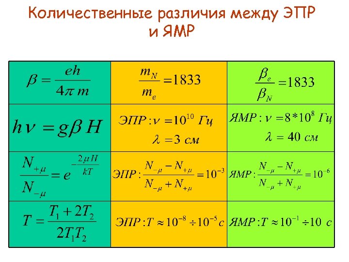 Количественные различия между ЭПР и ЯМР 