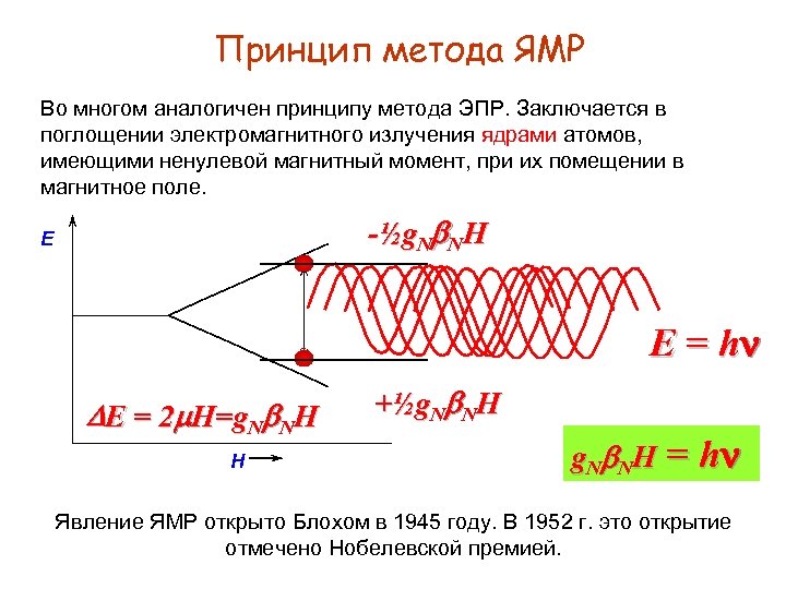 Принцип метода ЯМР Во многом аналогичен принципу метода ЭПР. Заключается в поглощении электромагнитного излучения
