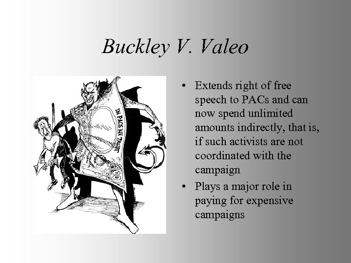 Buckley V. Valeo • Extends right of free speech to PACs and can now