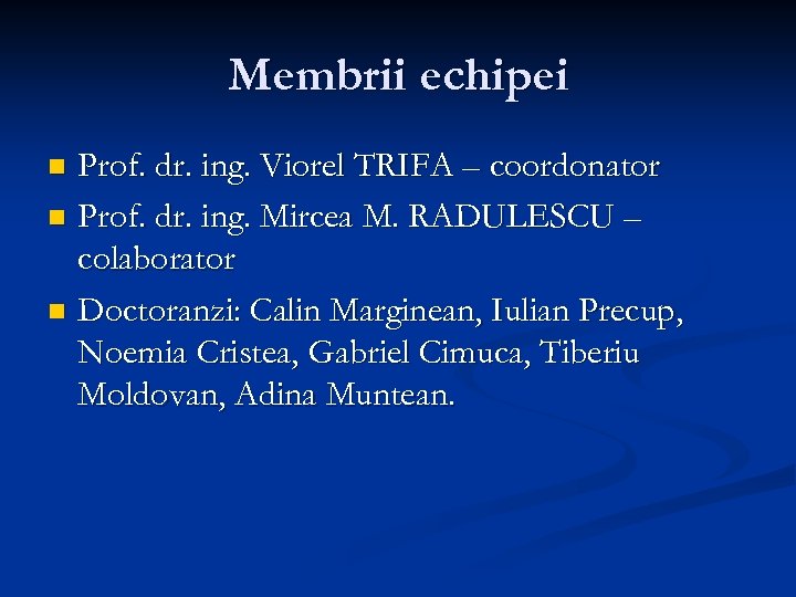 Membrii echipei Prof. dr. ing. Viorel TRIFA – coordonator n Prof. dr. ing. Mircea