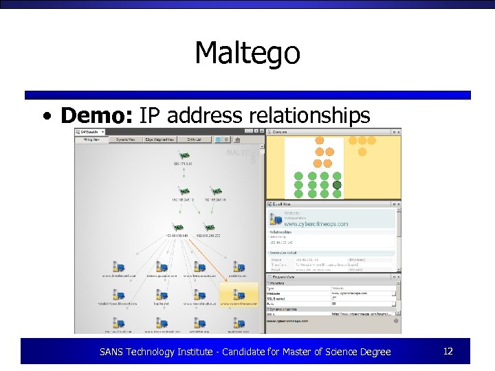 Maltego • Demo: IP address relationships SANS Technology Institute - Candidate for Master of