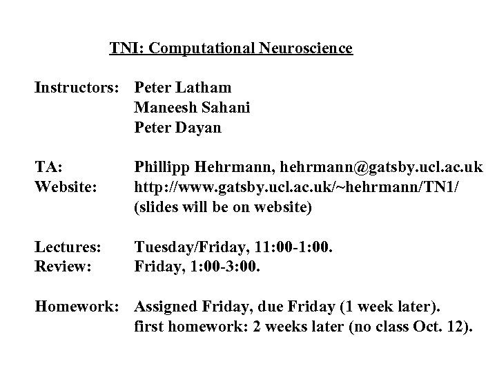 TNI: Computational Neuroscience Instructors: Peter Latham Maneesh Sahani Peter Dayan TA: Website: Phillipp Hehrmann,