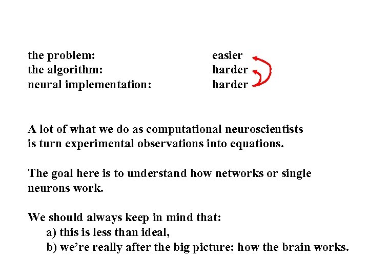 the problem: the algorithm: neural implementation: easier harder A lot of what we do