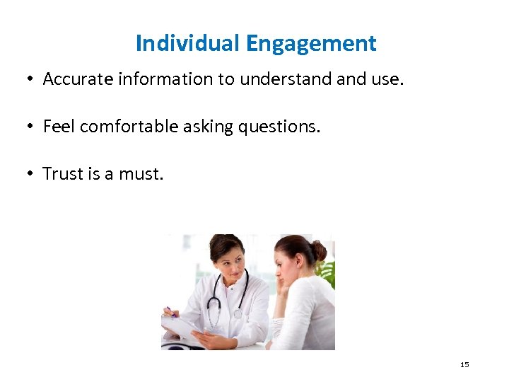 Individual Engagement • Accurate information to understand use. • Feel comfortable asking questions. •