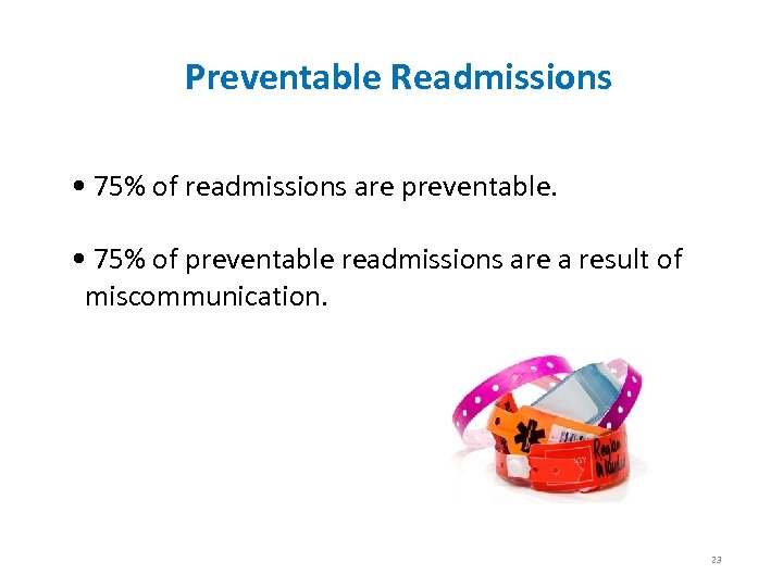 Preventable Readmissions • 75% of readmissions are preventable. • 75% of preventable readmissions are