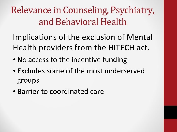 Relevance in Counseling, Psychiatry, and Behavioral Health Implications of the exclusion of Mental Health
