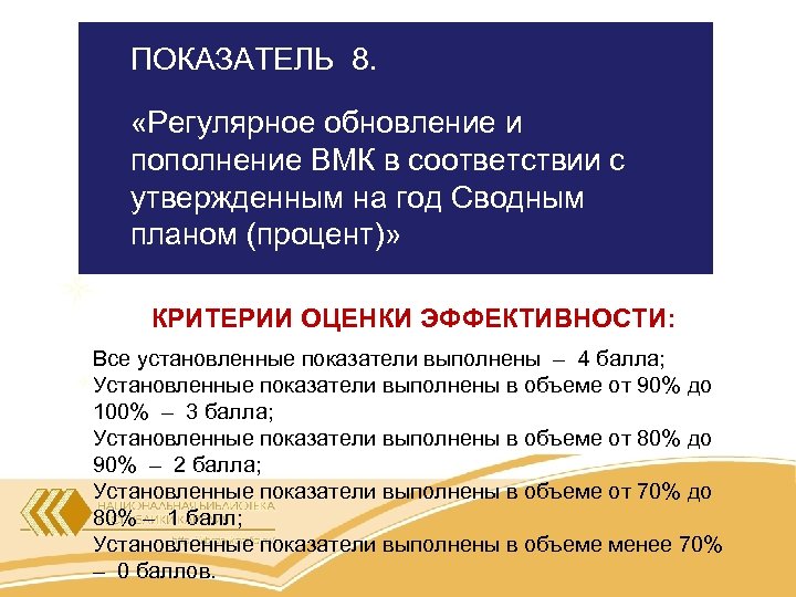 ПОКАЗАТЕЛЬ 8. «Регулярное обновление и пополнение ВМК в соответствии с утвержденным на год Сводным