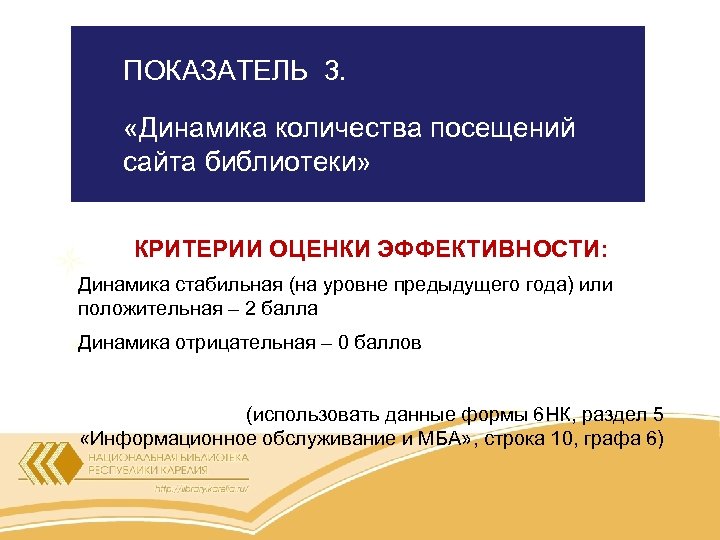 ПОКАЗАТЕЛЬ 3. «Динамика количества посещений сайта библиотеки» КРИТЕРИИ ОЦЕНКИ ЭФФЕКТИВНОСТИ: Динамика стабильная (на уровне