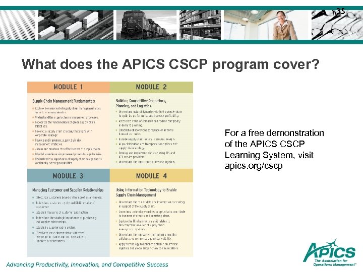35 What does the APICS CSCP program cover? For a free demonstration of the