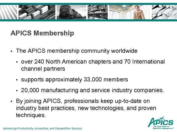 APICS Membership • The APICS membership community worldwide • • supports approximately 33, 000
