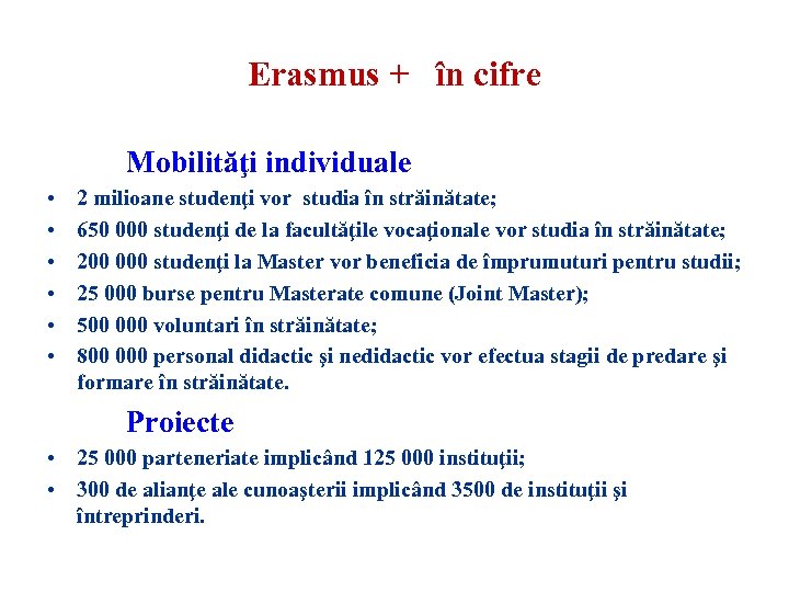 Erasmus + în cifre Mobilităţi individuale • • • 2 milioane studenţi vor studia