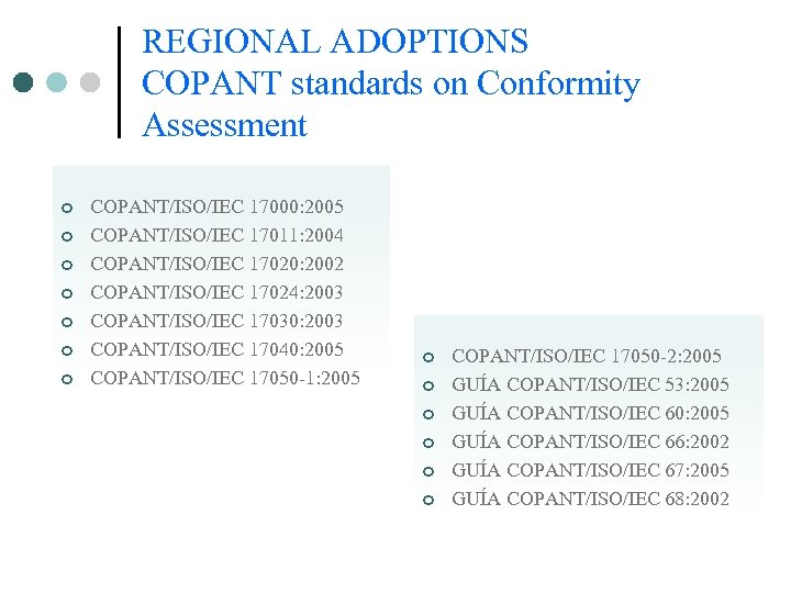 REGIONAL ADOPTIONS COPANT standards on Conformity Assessment ¢ ¢ ¢ ¢ COPANT/ISO/IEC 17000: 2005