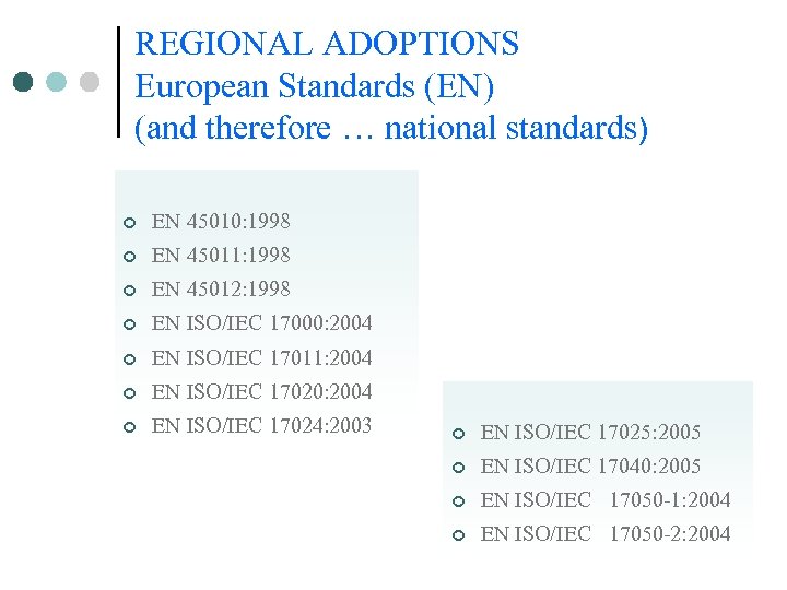 REGIONAL ADOPTIONS European Standards (EN) (and therefore … national standards) ¢ EN 45010: 1998