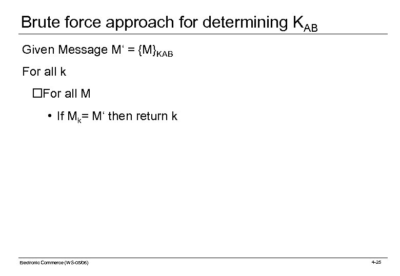 Brute force approach for determining KAB Given Message M‘ = {M}KAB For all k