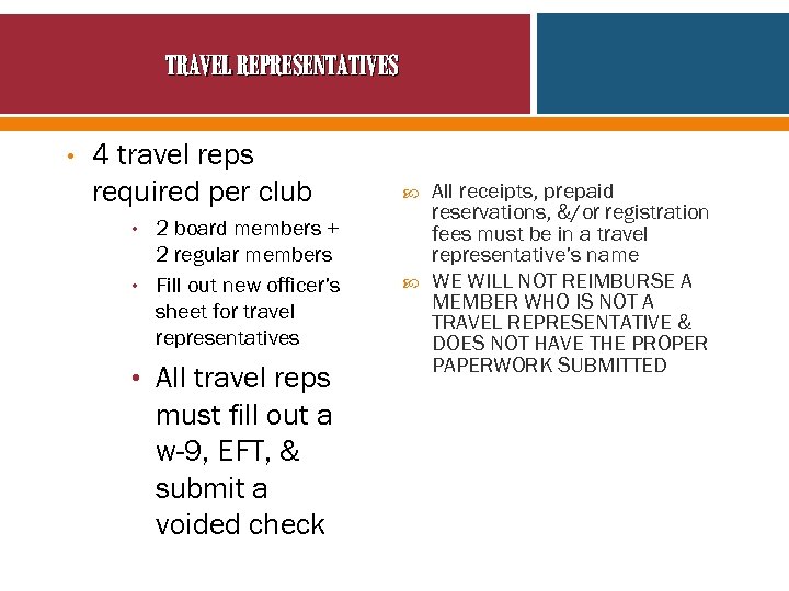 TRAVEL REPRESENTATIVES • 4 travel reps required per club • 2 board members +