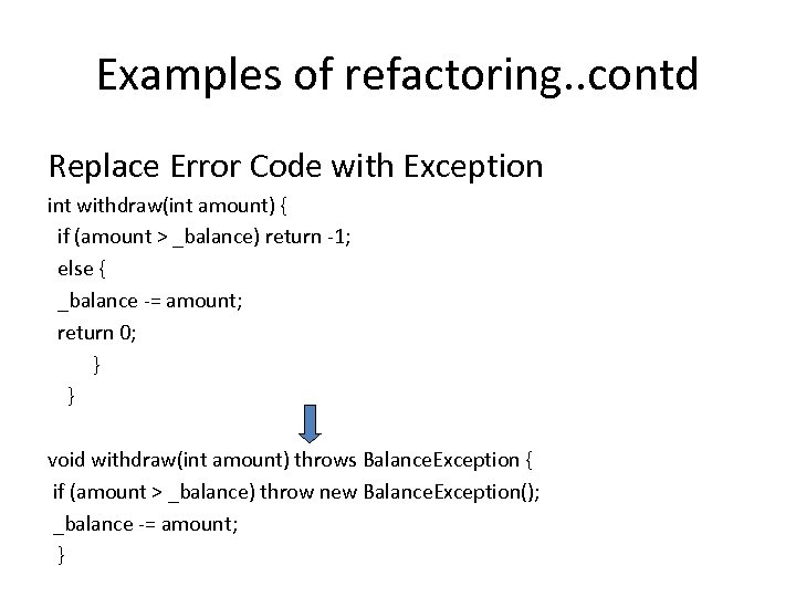 Examples of refactoring. . contd Replace Error Code with Exception int withdraw(int amount) {