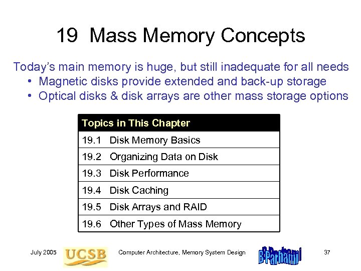 19 Mass Memory Concepts Today’s main memory is huge, but still inadequate for all