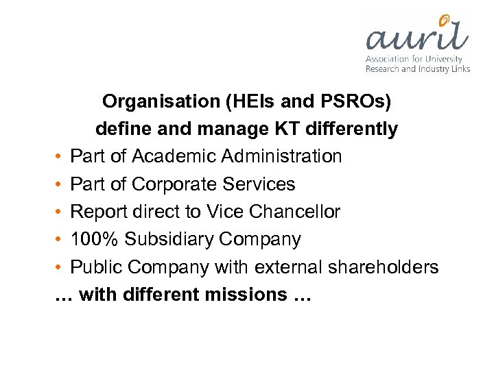 Organisation (HEIs and PSROs) define and manage KT differently • Part of Academic Administration