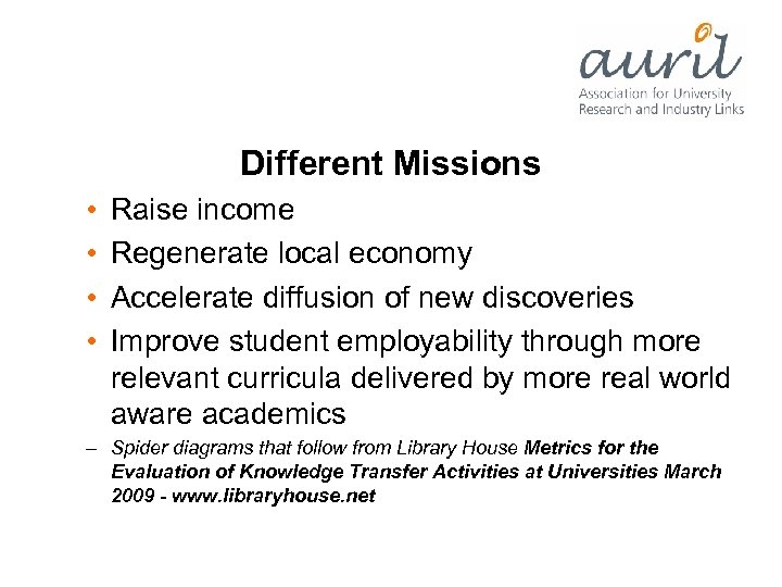 Different Missions • • Raise income Regenerate local economy Accelerate diffusion of new discoveries