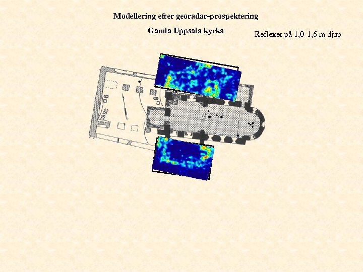 Modellering efter georadar-prospektering Gamla Uppsala kyrka Reflexer på 1, 0 -1, 6 m djup