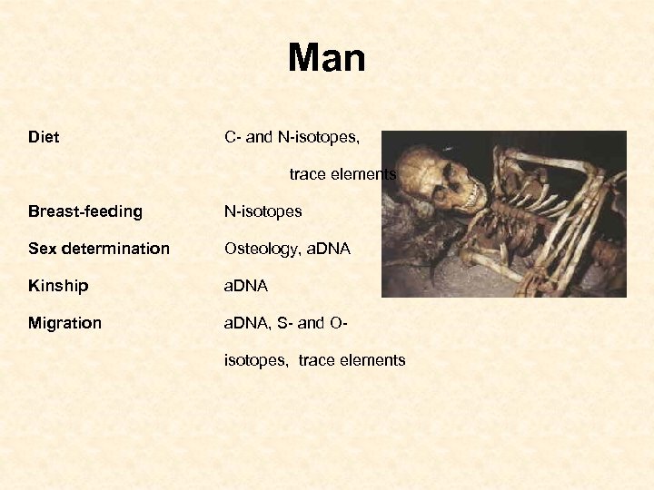 Man Diet C- and N-isotopes, trace elements Breast-feeding N-isotopes Sex determination Osteology, a. DNA