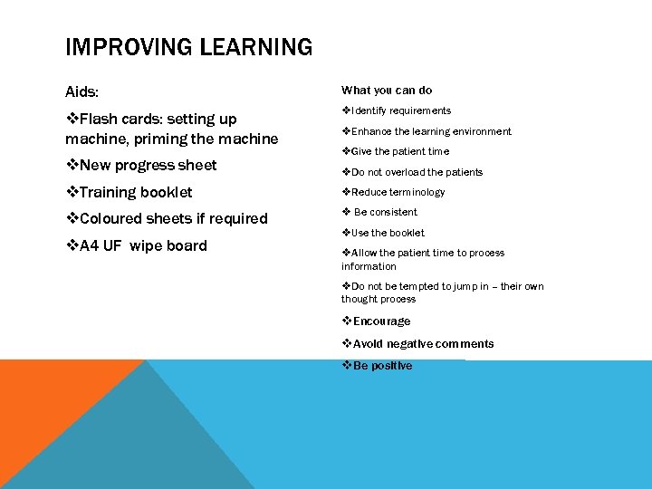 IMPROVING LEARNING Aids: What you can do v. Flash cards: setting up machine, priming