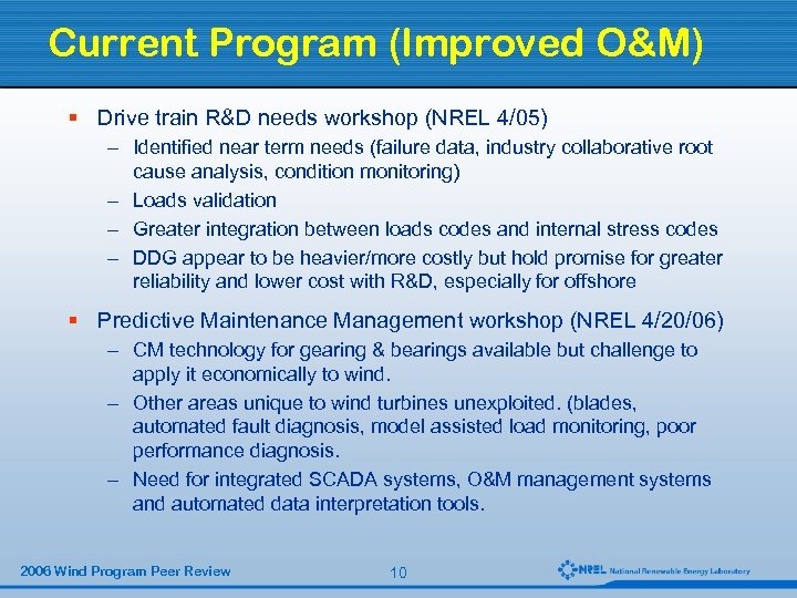 Current Program (Improved O&M) § Drive train R&D needs workshop (NREL 4/05) – Identified