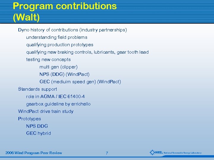 Program contributions (Walt) Dyno history of contributions (industry partnerships) understanding field problems qualifying production