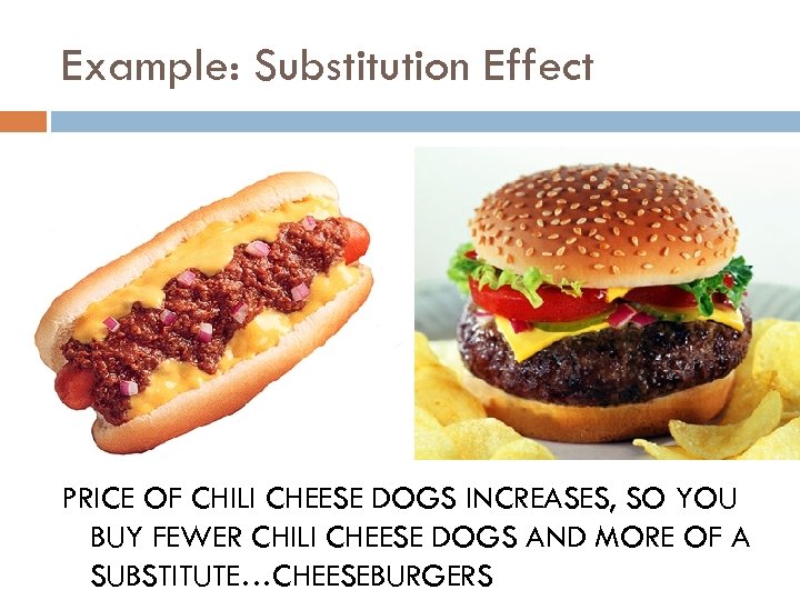 Example: Substitution Effect PRICE OF CHILI CHEESE DOGS INCREASES, SO YOU BUY FEWER CHILI