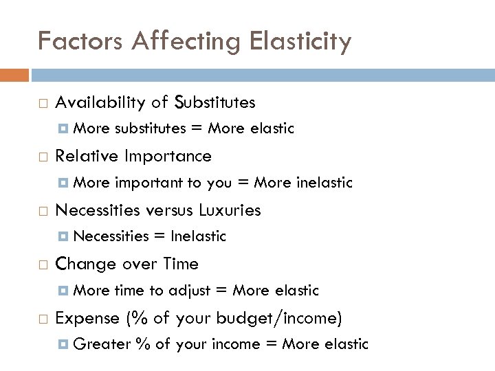 Factors Affecting Elasticity Availability of Substitutes More Relative Importance More substitutes = More elastic