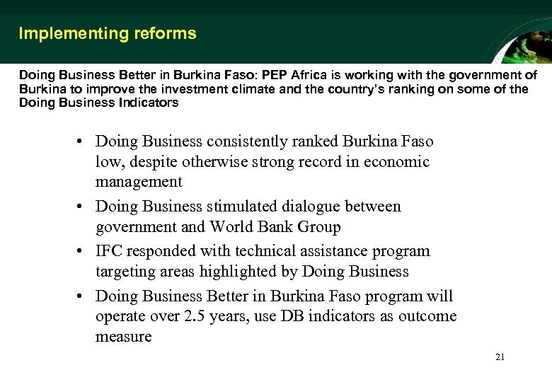Implementing reforms Doing Business Better in Burkina Faso: PEP Africa is working with the