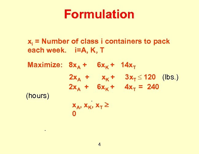 Formulation xi = Number of class i containers to pack each week. i=A, K,