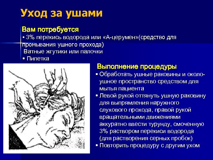 Уход за ушами Вам потребуется § 3% перекись водорода или «А-церумен» (средство для промывания