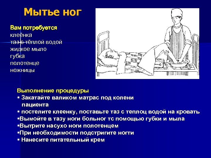 Мытье ног Вам потребуется клеёнка таз с тёплой водой жидкое мыло губка полотенце ножницы