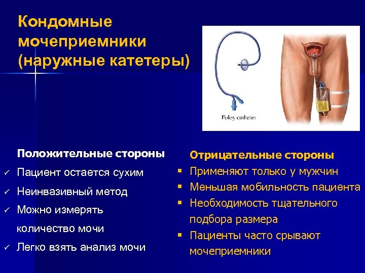 Кондомные мочеприемники (наружные катетеры) Положительные стороны ü Пациент остается сухим ü Неинвазивный метод ü
