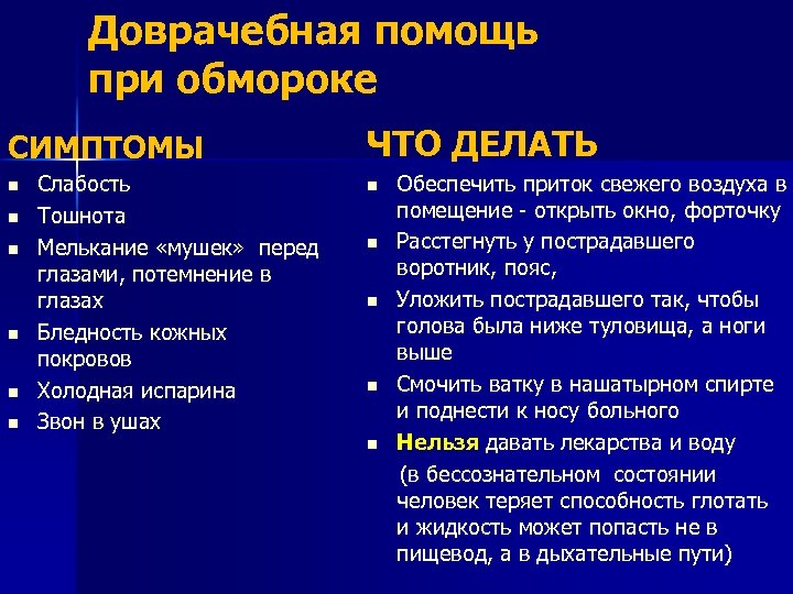 Доврачебная помощь при обмороке СИМПТОМЫ n n n Слабость Тошнота Мелькание «мушек» перед глазами,